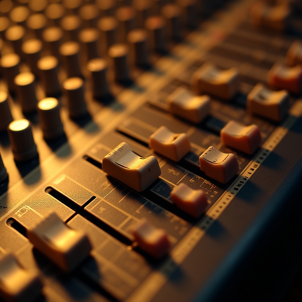 Dettaglio della console di missaggio con fader illuminati