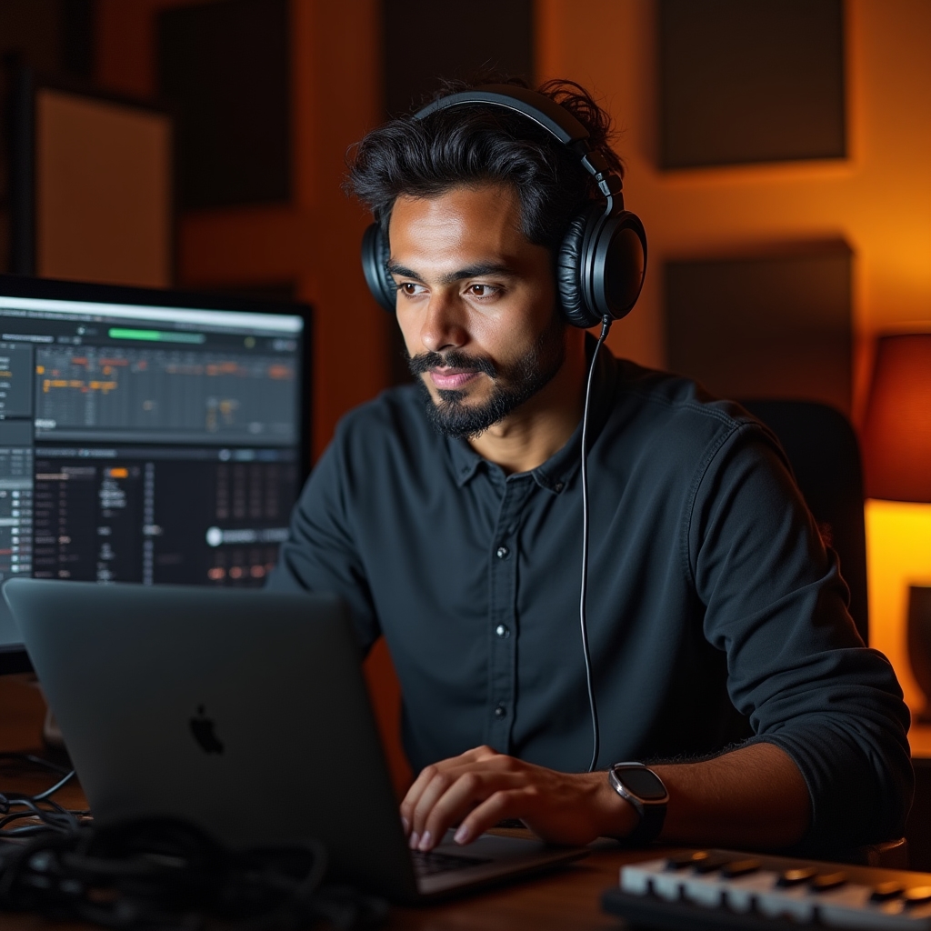 Produttore audio giovane che lavora con cuffie e workstation in studio