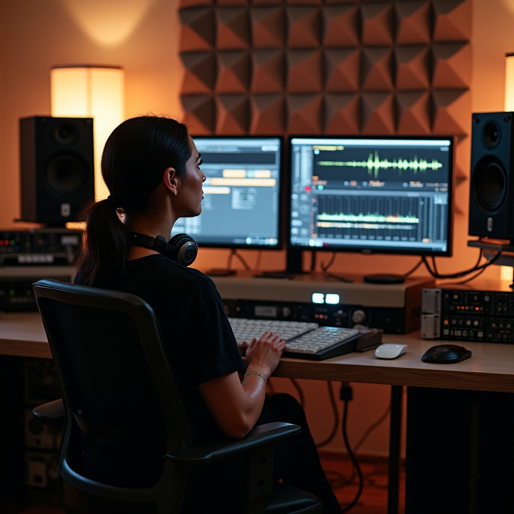 Tecnico di mastering al lavoro nella sala di controllo con monitor professionali