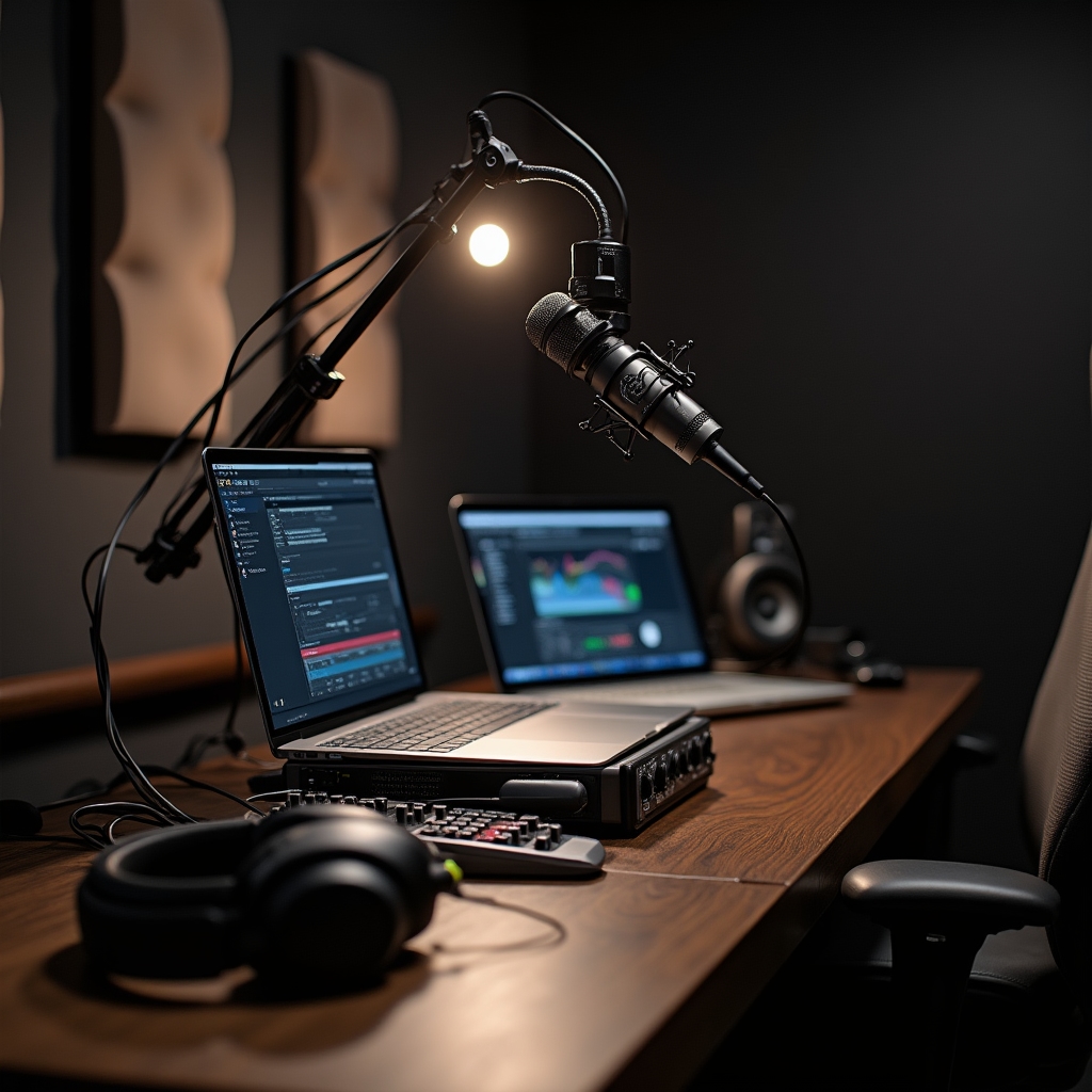 Setup per registrazione podcast con microfono da tavolo e mixer in ambiente professionale
