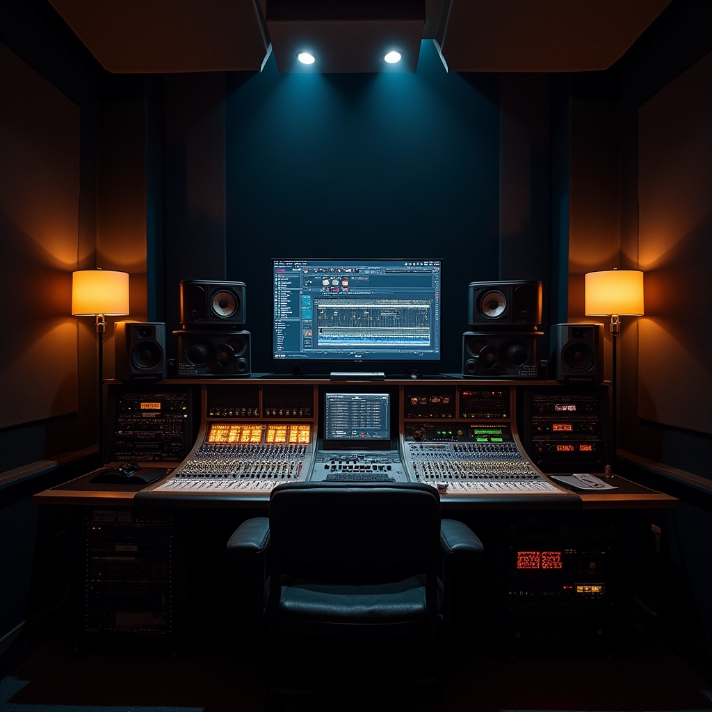 Sala di controllo dello studio Glenmorai di notte con illuminazione ambientale calda