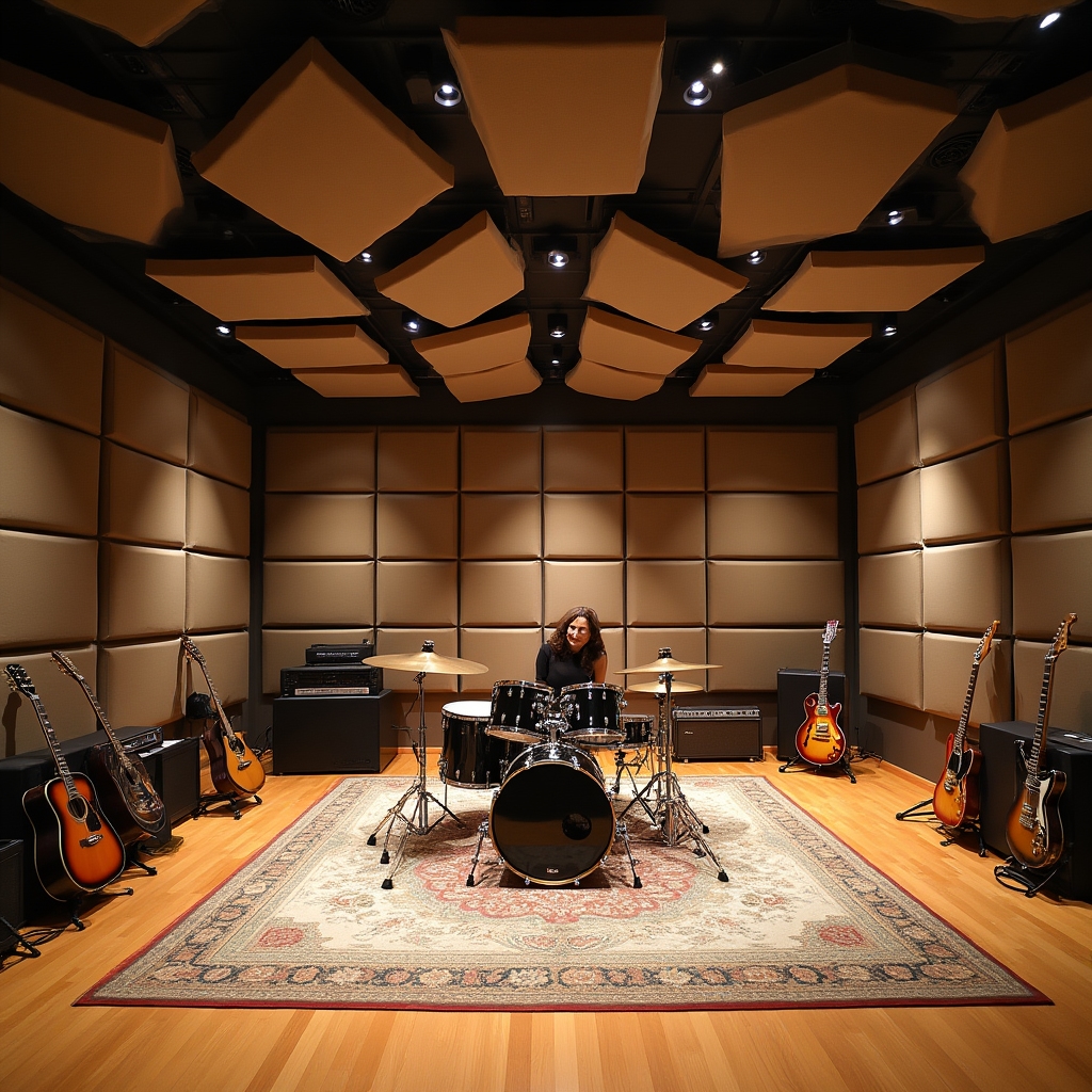 Sala live dello studio con trattamento acustico su pareti e soffitto