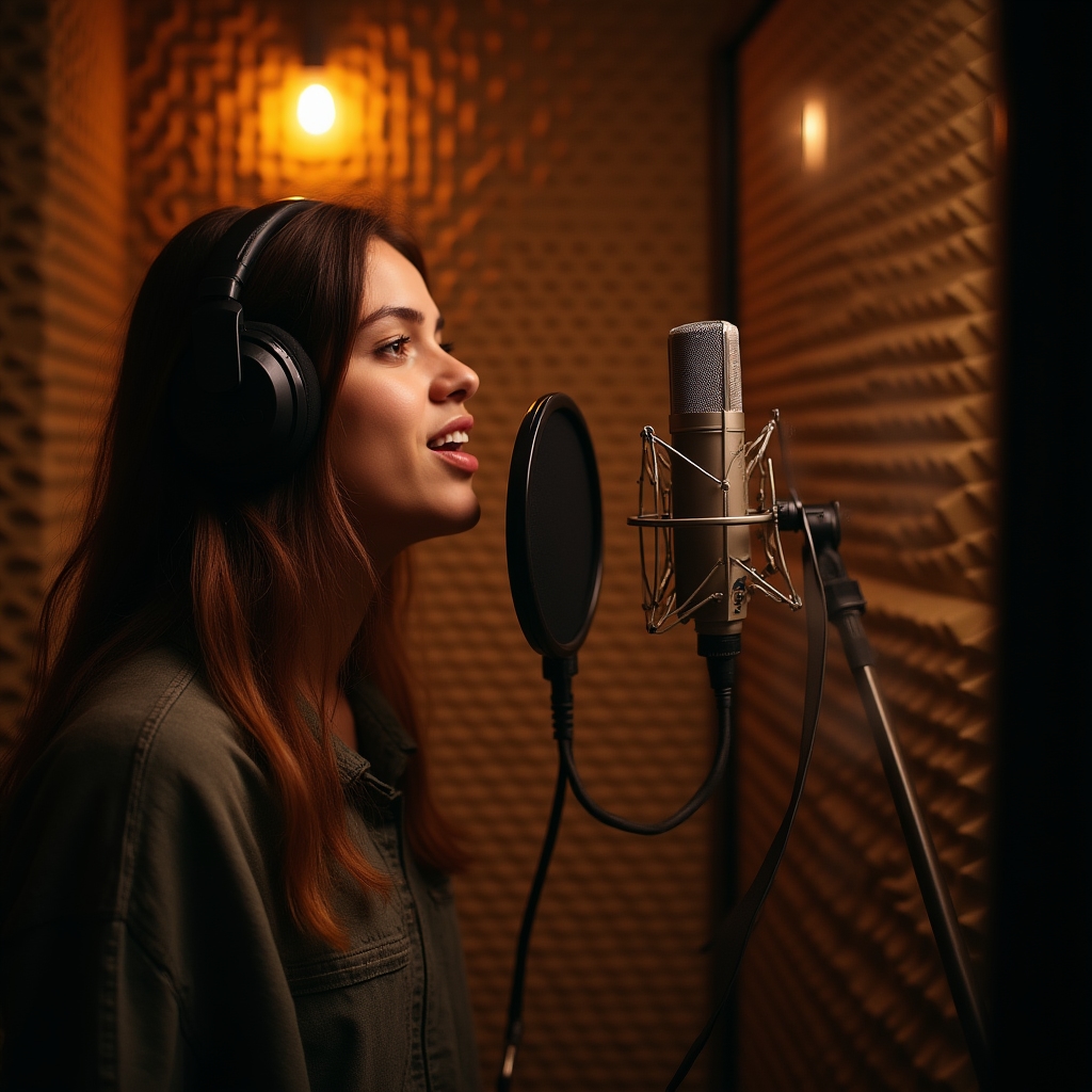 Cantante in cabina di registrazione con microfono professionale e cuffie